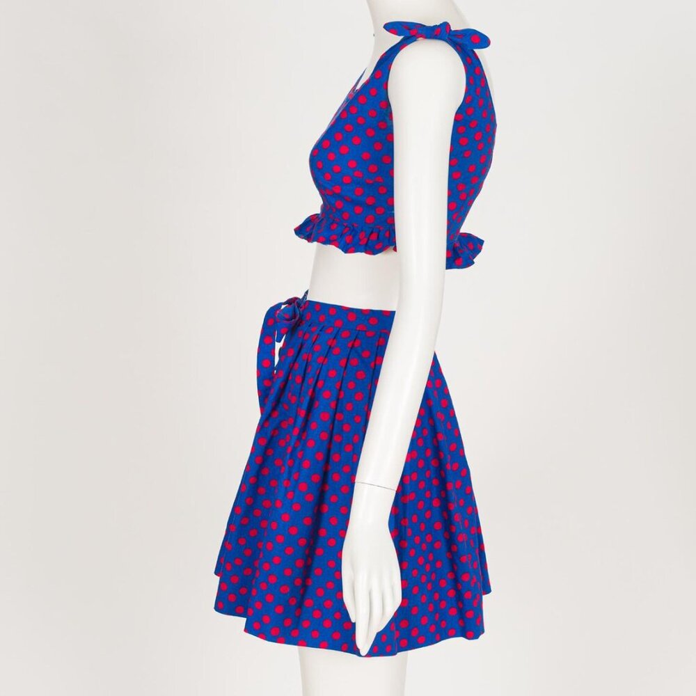 1970s Vintage Red & Blue Polka Dot Ruffled Tie-Up Cotton Crop Top Mini Skirt Set - Picture 2 of 6